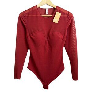 Popilush Shapewear Illusion Mesh Long Sleeve Tummy Control Bodysuit Red Small